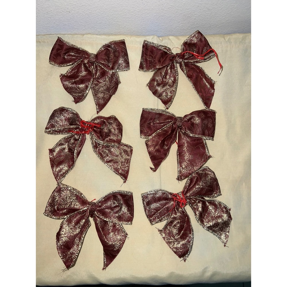 Set of 6 Burgundy Gold Metallic Christmas Tree Bows Holiday Wreath Decor Wired